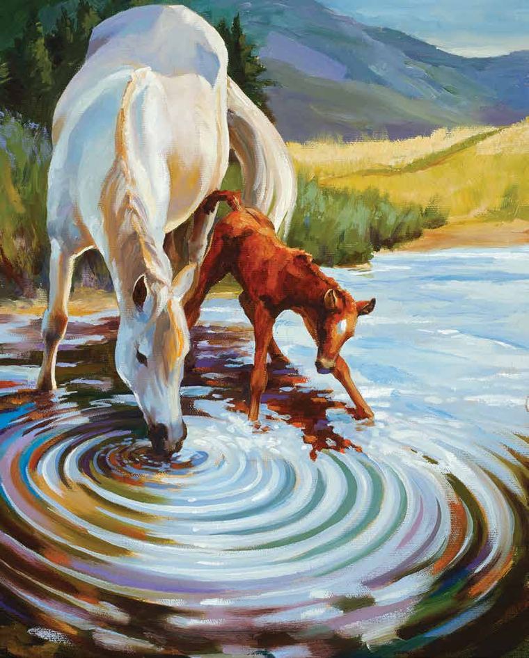 Oil painting of a white mare and her red foal drinking from a rippling stream.