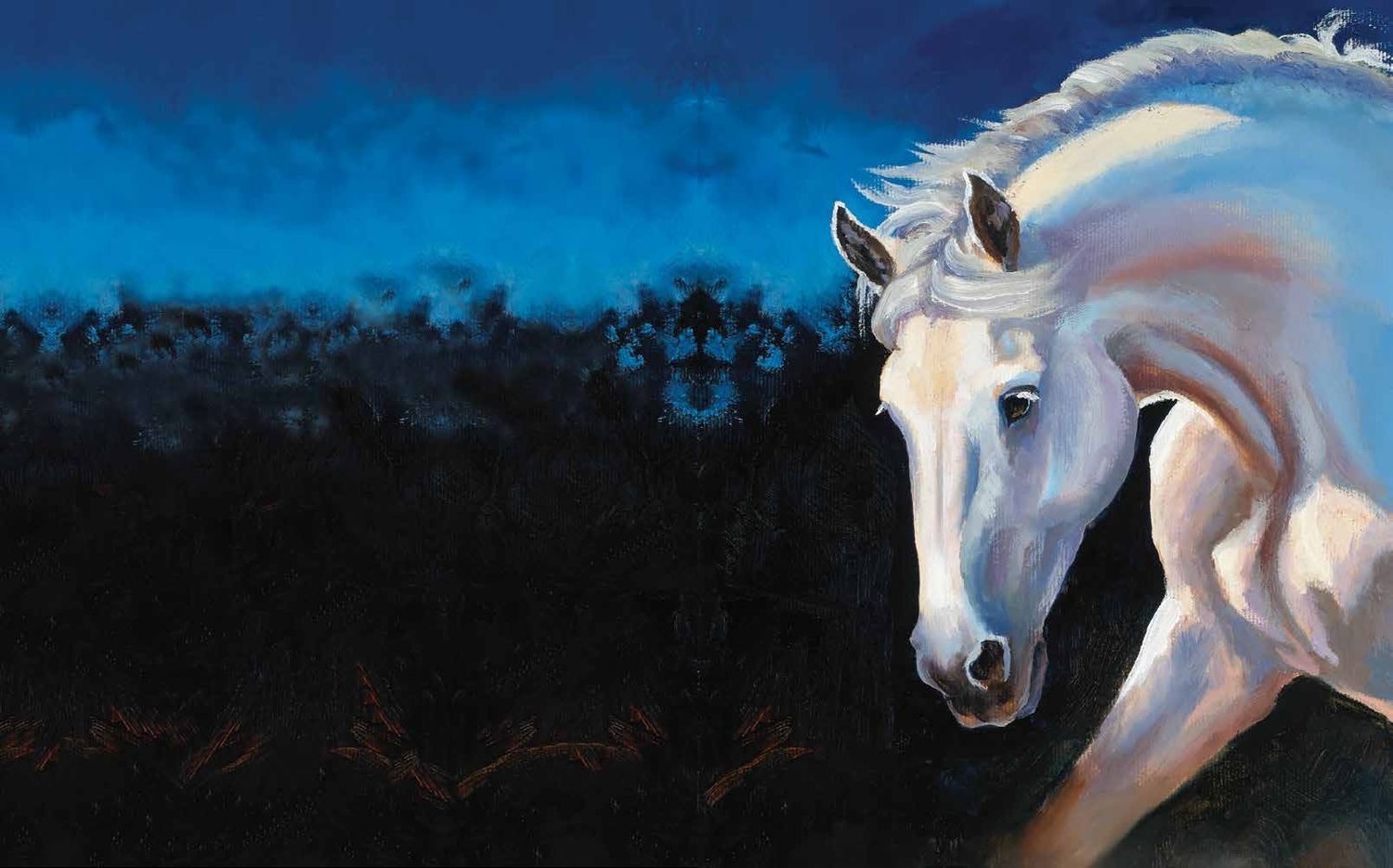 Oil painting of Sterling, a white horse, lowering his head against a deep blue night sky.