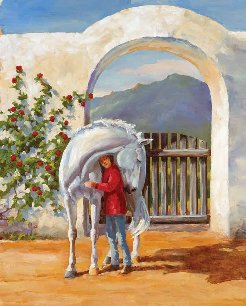 Oil painting of a woman in a red coat embracing a white horse beside a rose covered adobe arch.