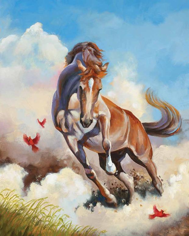 Oil painting of a young horse galloping through dust, coat mottled rose and gray.