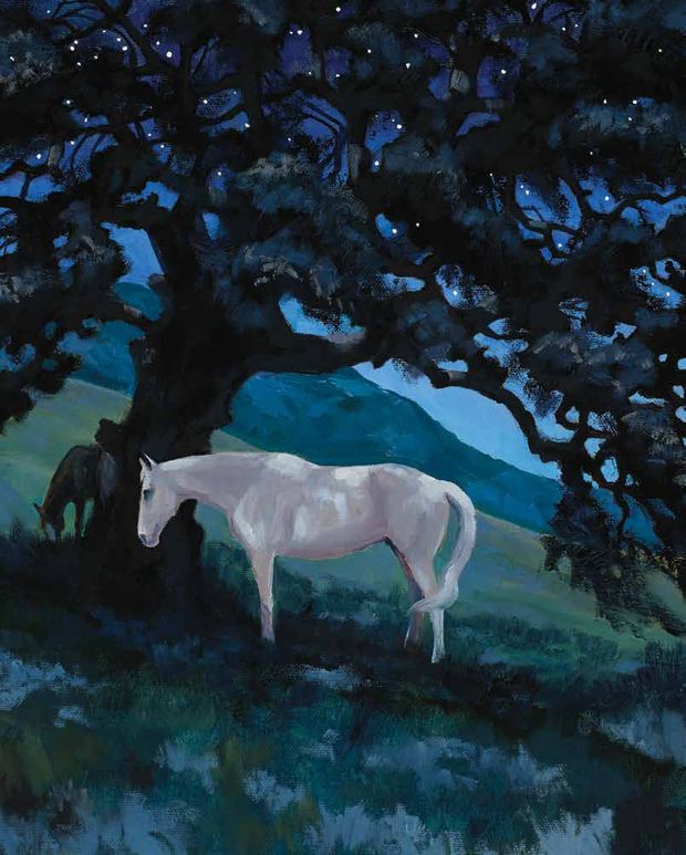 Oil painting of a white horse standing beneath a dark oak tree under bright stars.